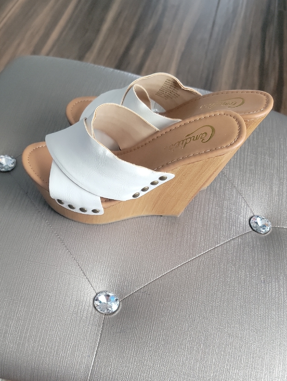 Candie's White Leather Crisscross Wedge Sandals